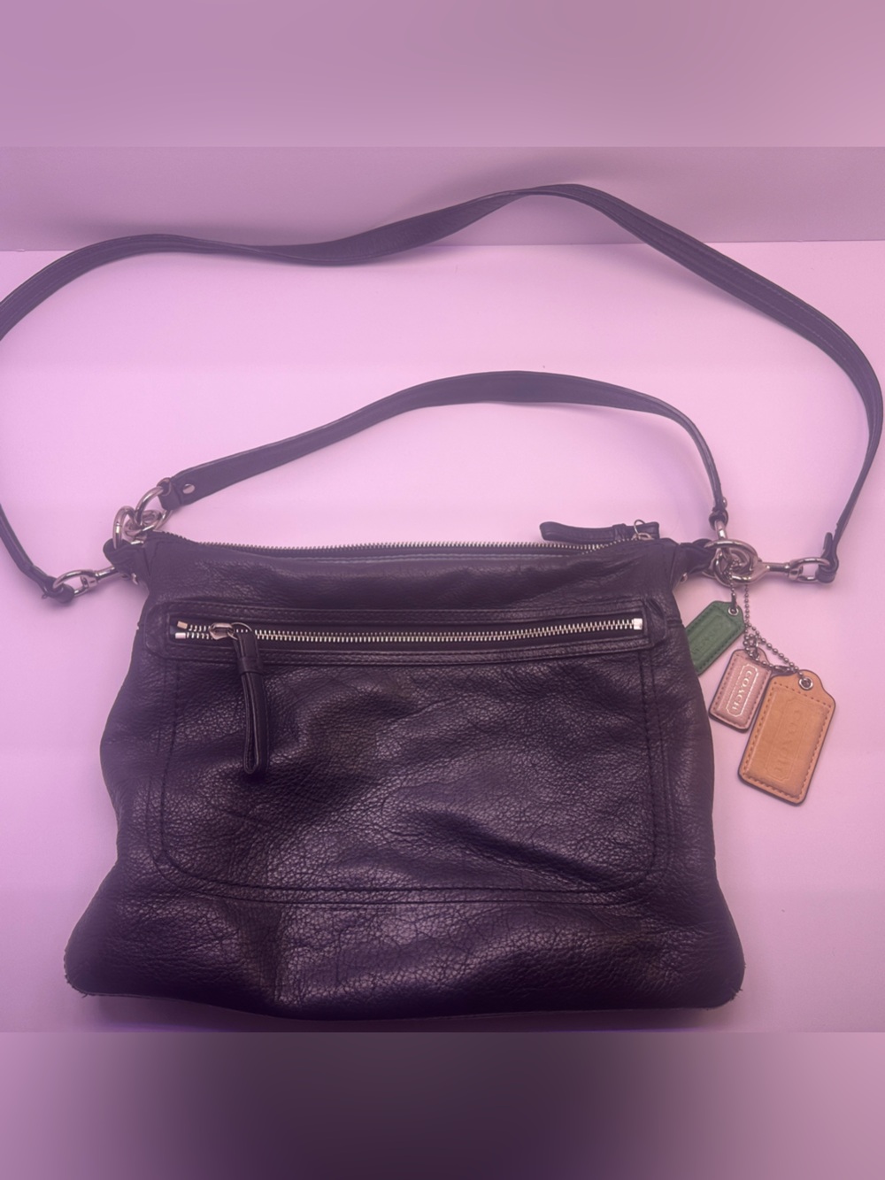 Coach Black Leather Crossbody with Green and Tan Tags